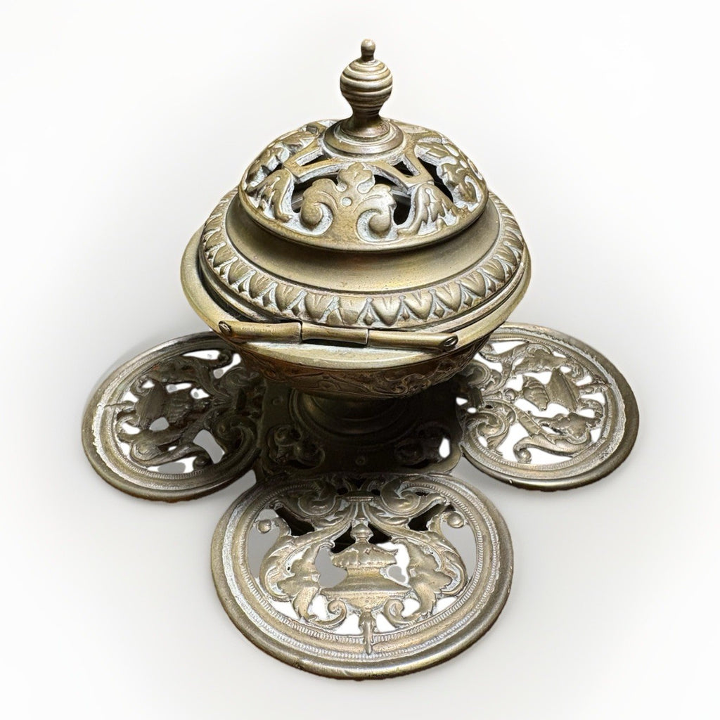 Antique Chinese Brass Censer Qing Dynasty Incense Burner Pierced Lid 19th C