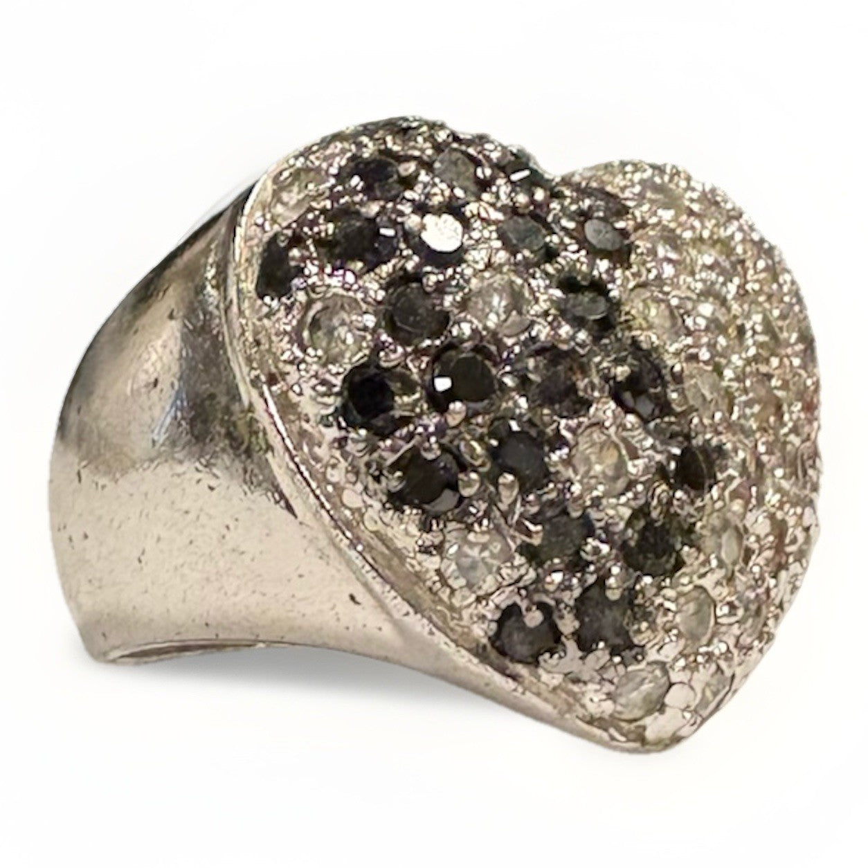 Vintage Sterling Silver Black White Gemstone Heart Ring  Size 5