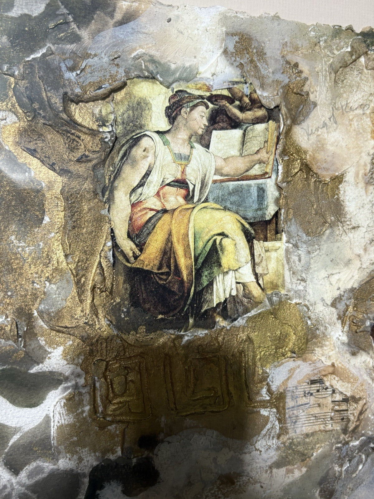 Linda Denison Mixed Media Collage Gold Leaf Art Framed Classical Scene