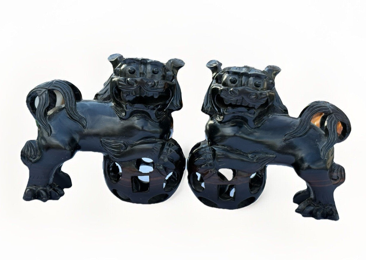 Vintage MCM Hand Wood Carved: Pair of Carved Wood Foo Dogs Pair