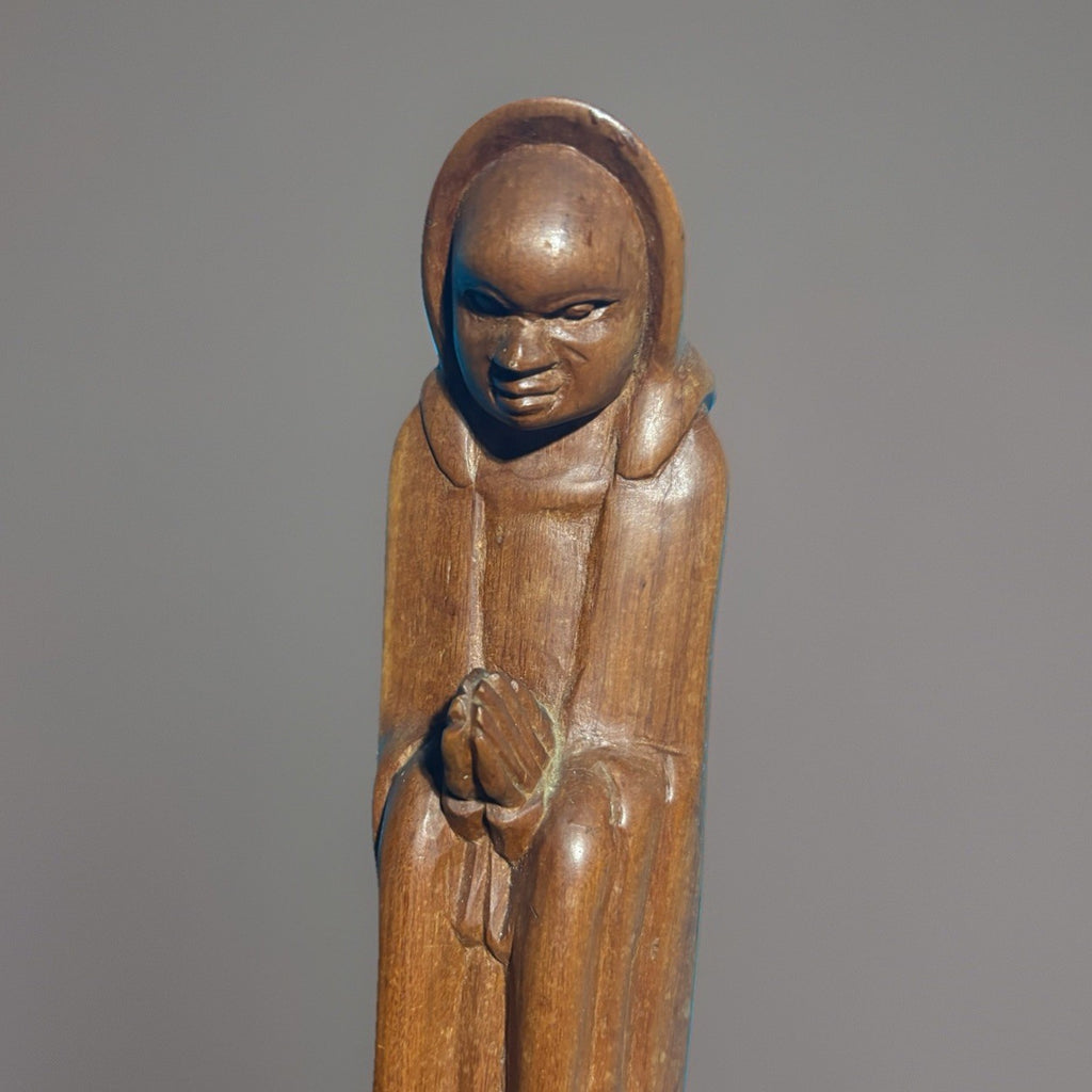 Vintage Hand-Carved Mahogany Monk Statue – 12” Folk Art 1900s
