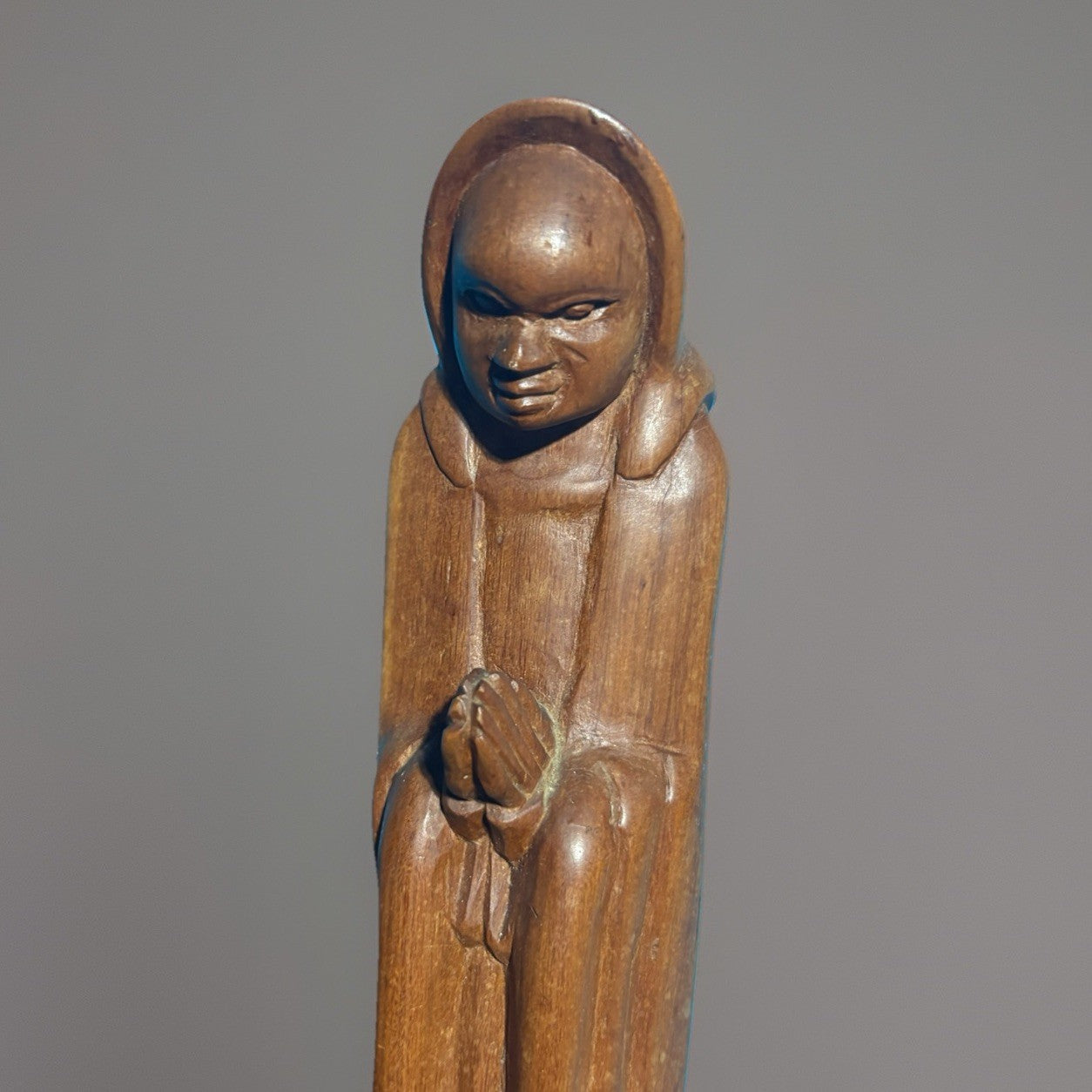 Vintage Hand-Carved Mahogany Monk Statue – 12” Folk Art 1900s
