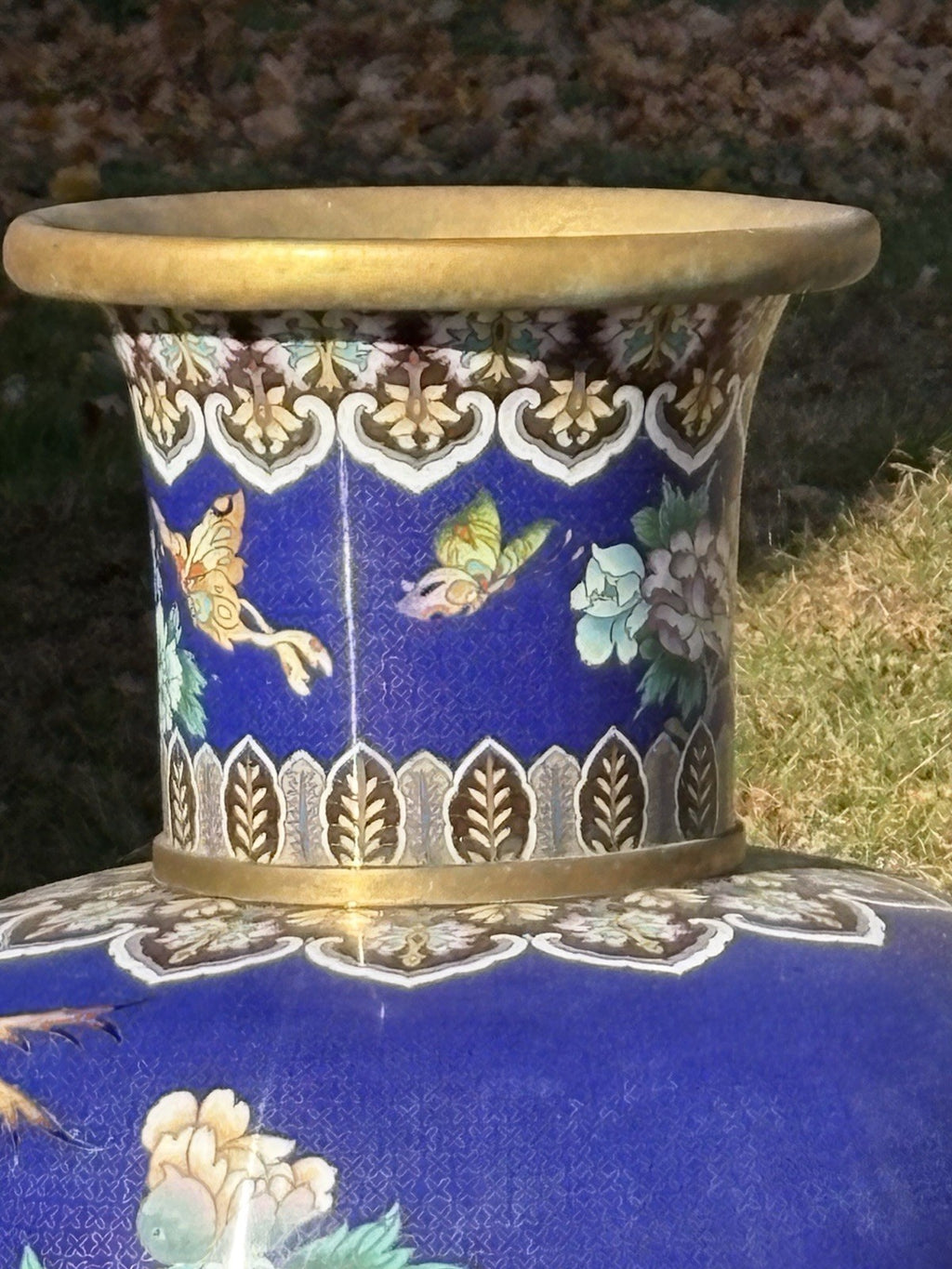 Large Vintage Cobalt Blue Cloisonné Style Vase Floral Birds Brass Rim Asian 30”