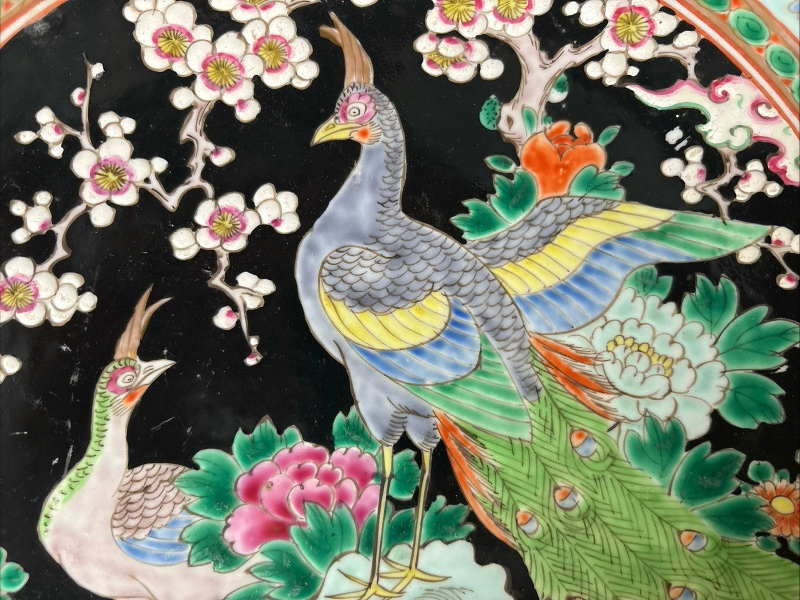Antique NIPPON Charger Famille Noire PEACOCK -FLORAL- 12”