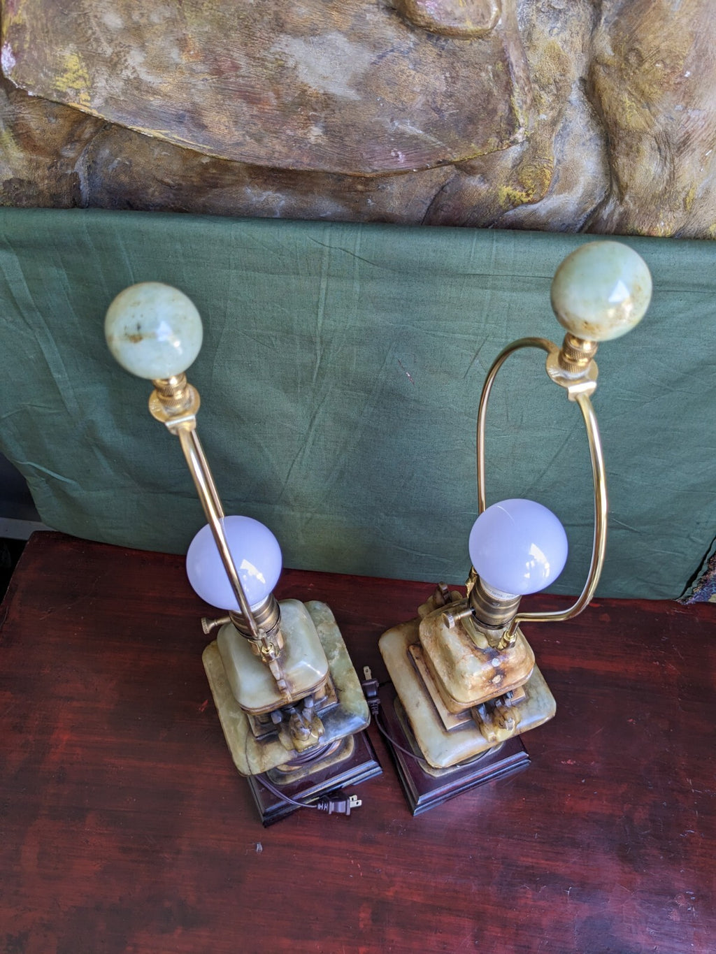 Pair of Chinese Carved Alabaster Lamps With Birds and Dragons