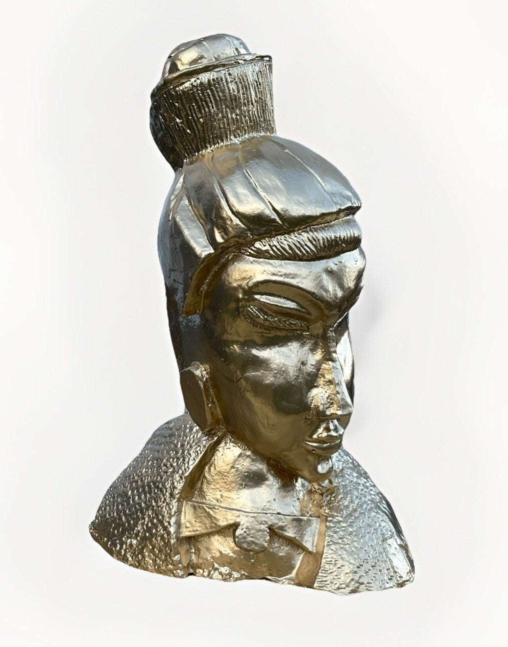 Gold Samurai Head Sculpture Signed ( Norman 73 ) 18" tall Carved Plaster
