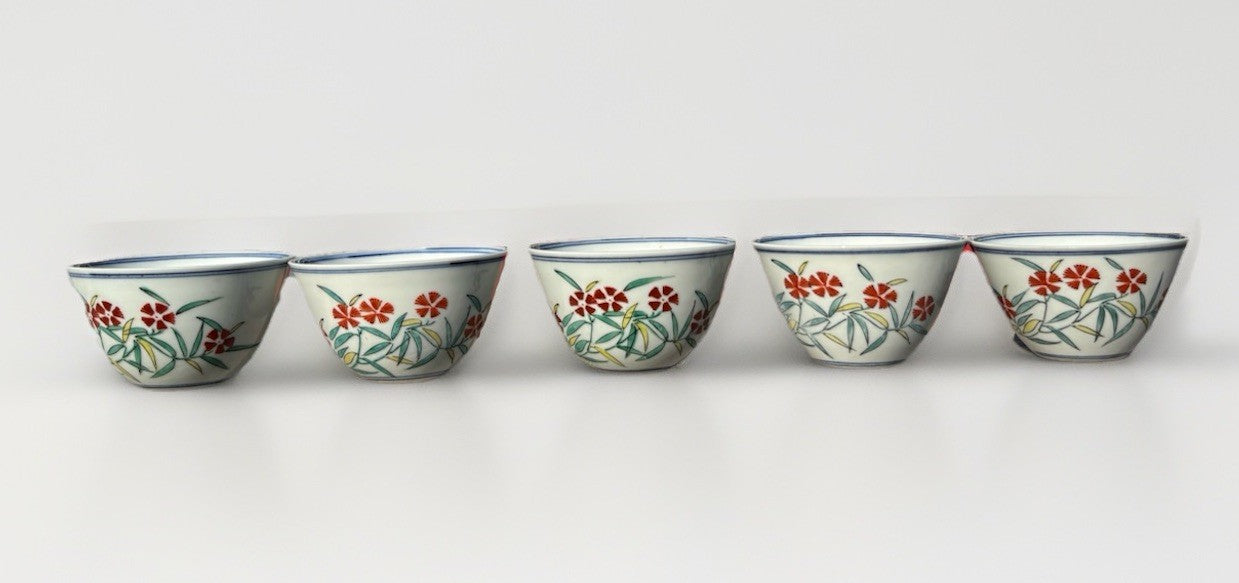 Vintage Japanese Hand Painted Tea Bowls Set Of 5 Signed Tomobako Showa Period