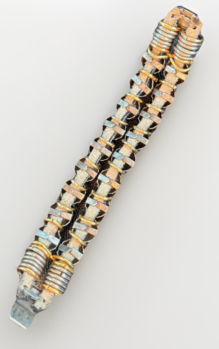 Vintage Brutalist Mixed Metal Bracelet 73g | Brass & Silver Tone, Leather Core