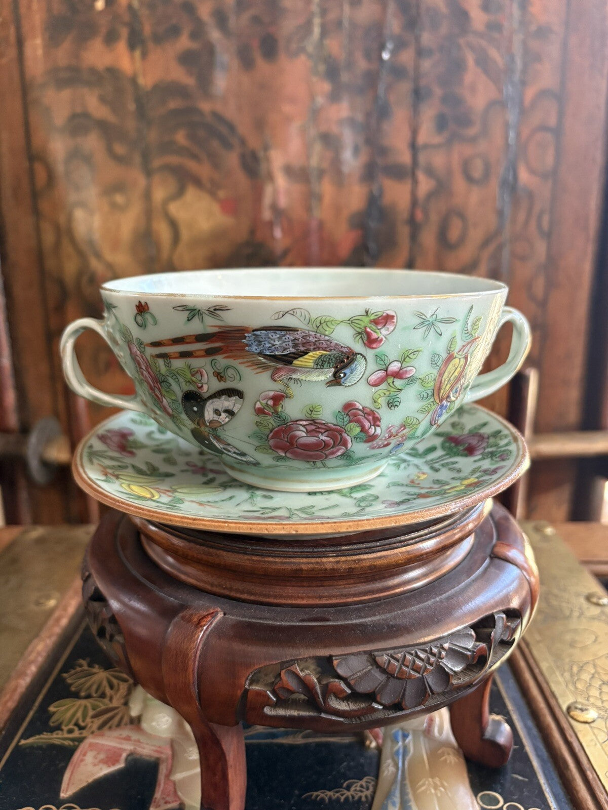 19thC Chinese Large Celedon Soup Dish & Plate With Flowers, Birds, Butterflies