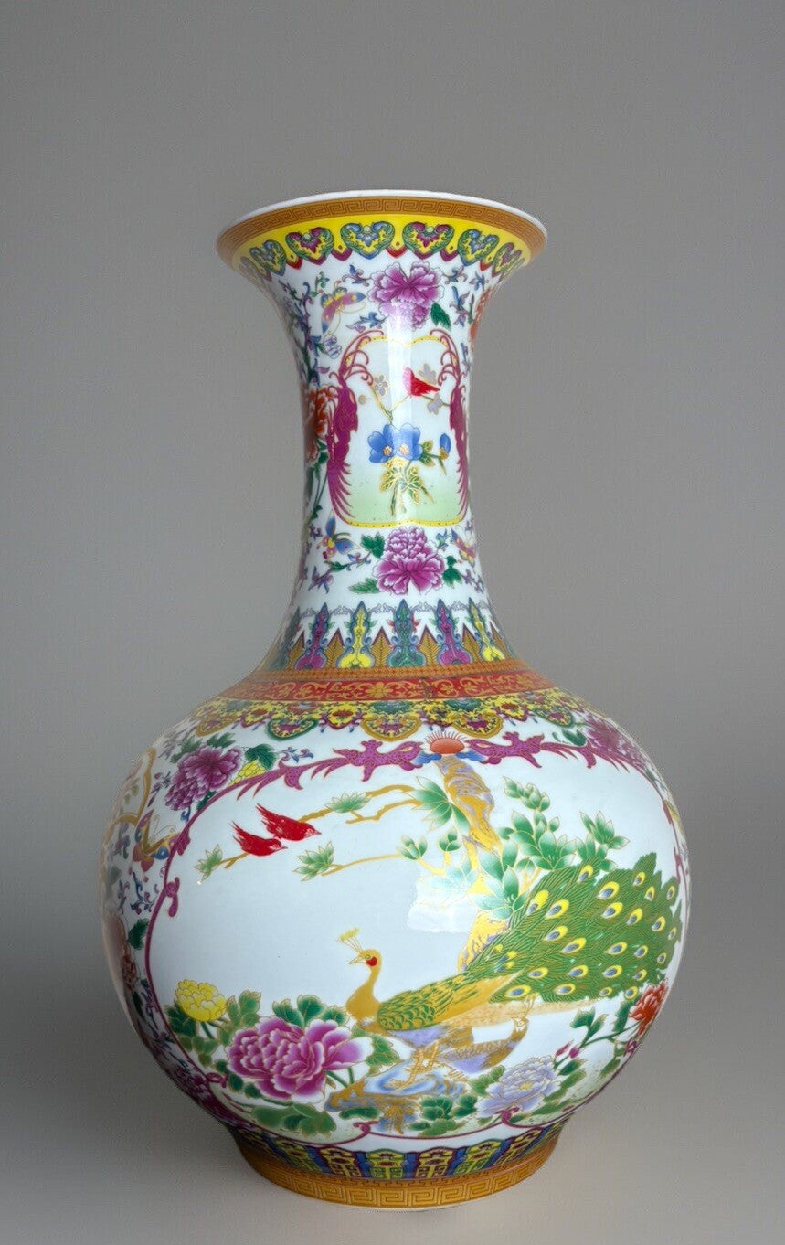 22” Chinese Large Floor Vase Floral Garden Flower Scenes With Peacocks Birds