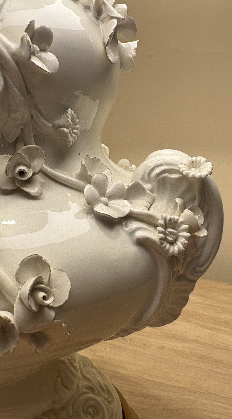 Vintage Blanc De Chine Porcelain Floral Relief Table Lamp Hollywood Regency