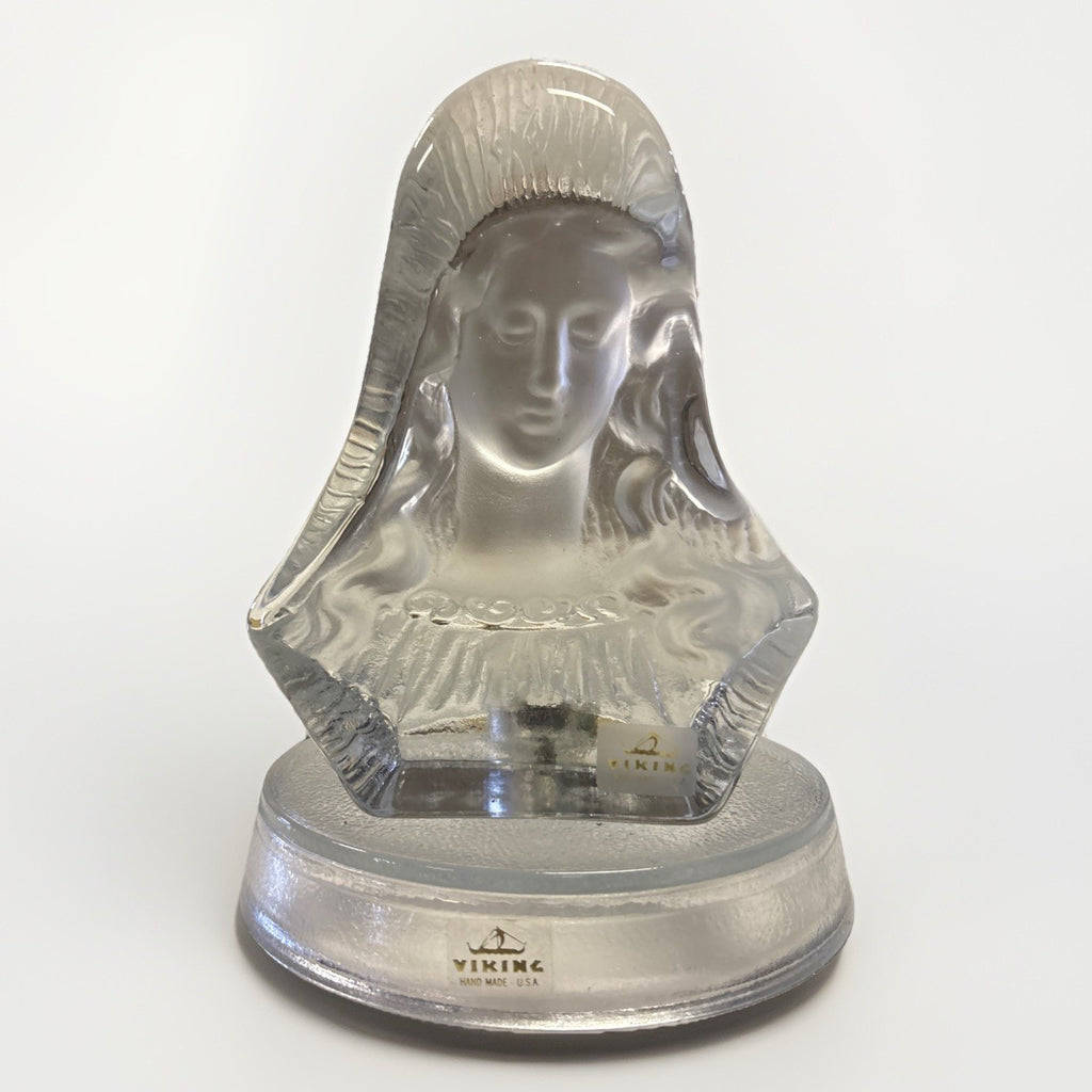 Vintage Frosted Glass Virgin Mary Sculpture Figurine by Viking W Candle Stand