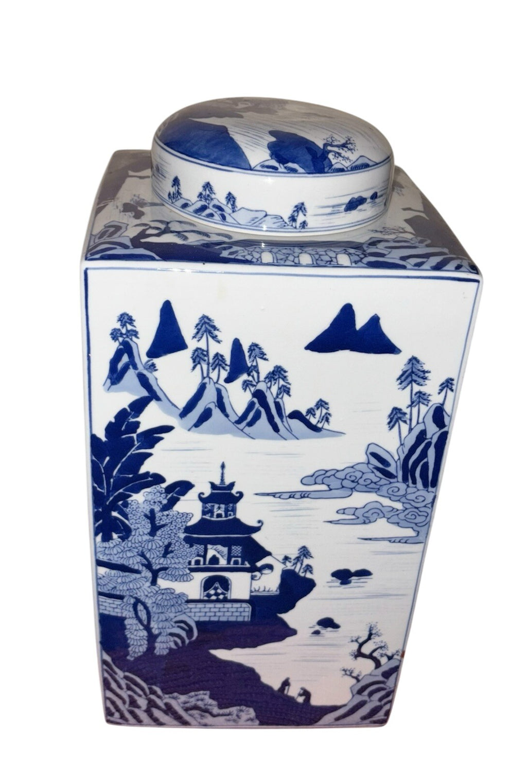 Elegant Blue & White Porcelain Tea Caddy – Hand-Painted Asian Landscape Jar 15”