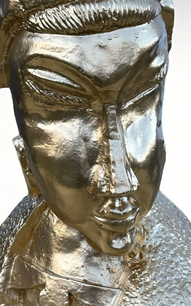 Gold Samurai Head Sculpture Signed ( Norman 73 ) 18" tall Carved Plaster