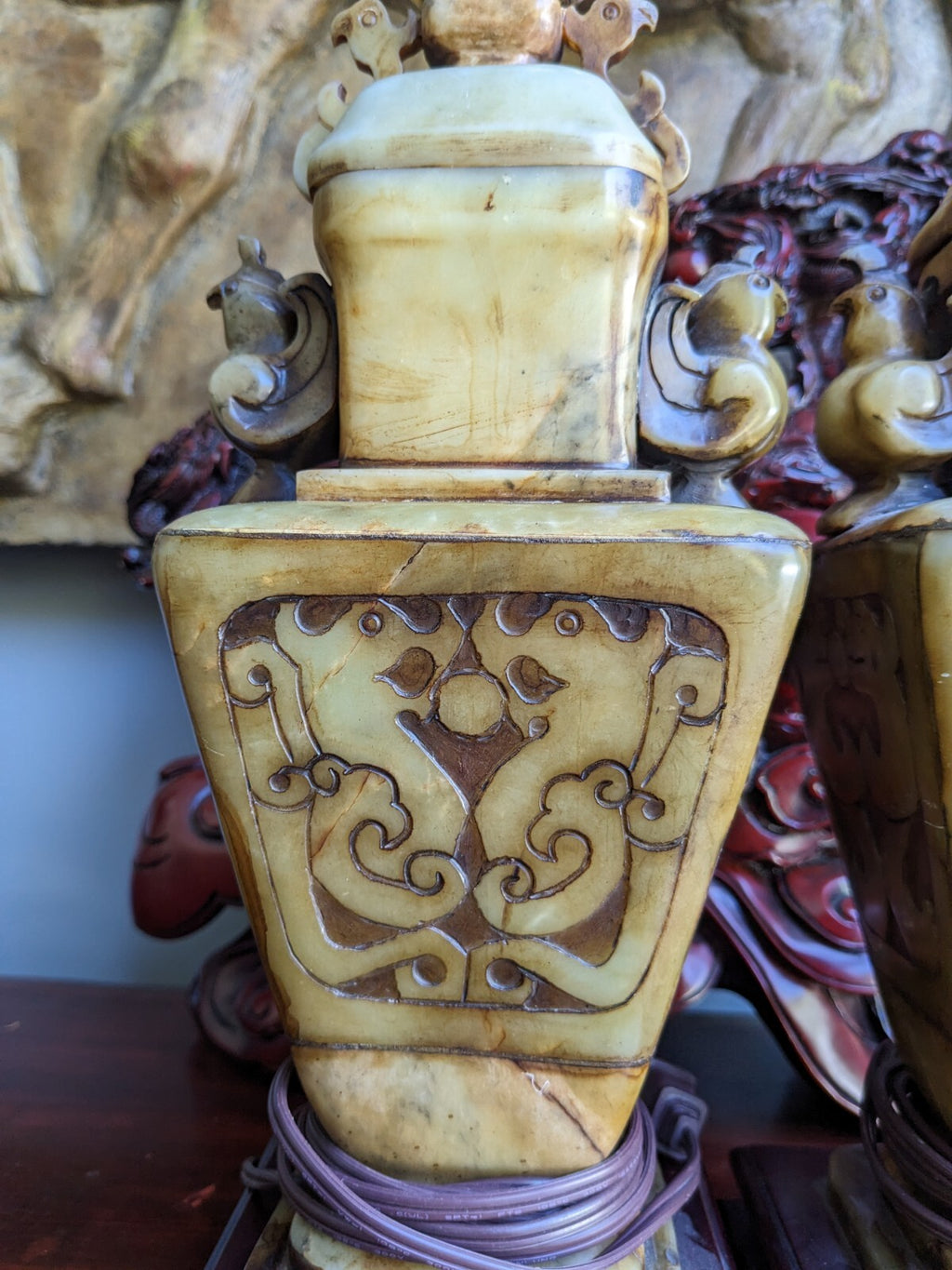 Pair of Chinese Carved Alabaster Lamps With Birds and Dragons