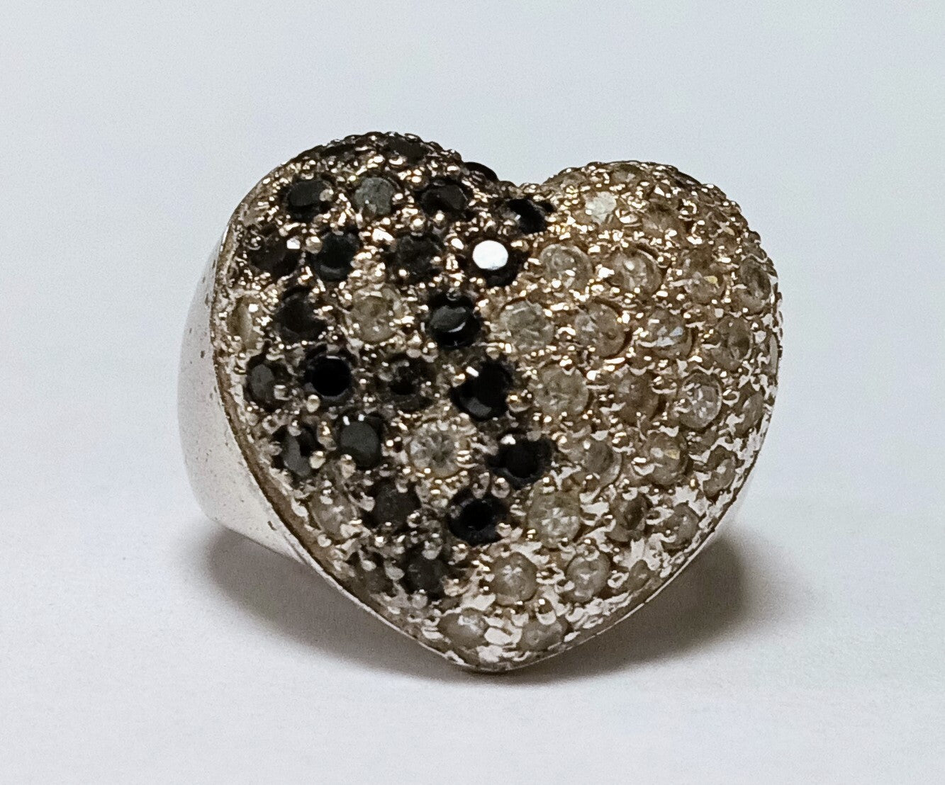 Vintage Sterling Silver Black White Gemstone Heart Ring  Size 5