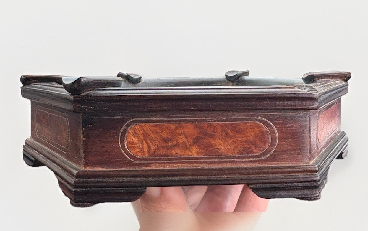 ANTIQUE WOOD HAND PAINTED CHINESE DESIGNS STANDING ASH TRAY