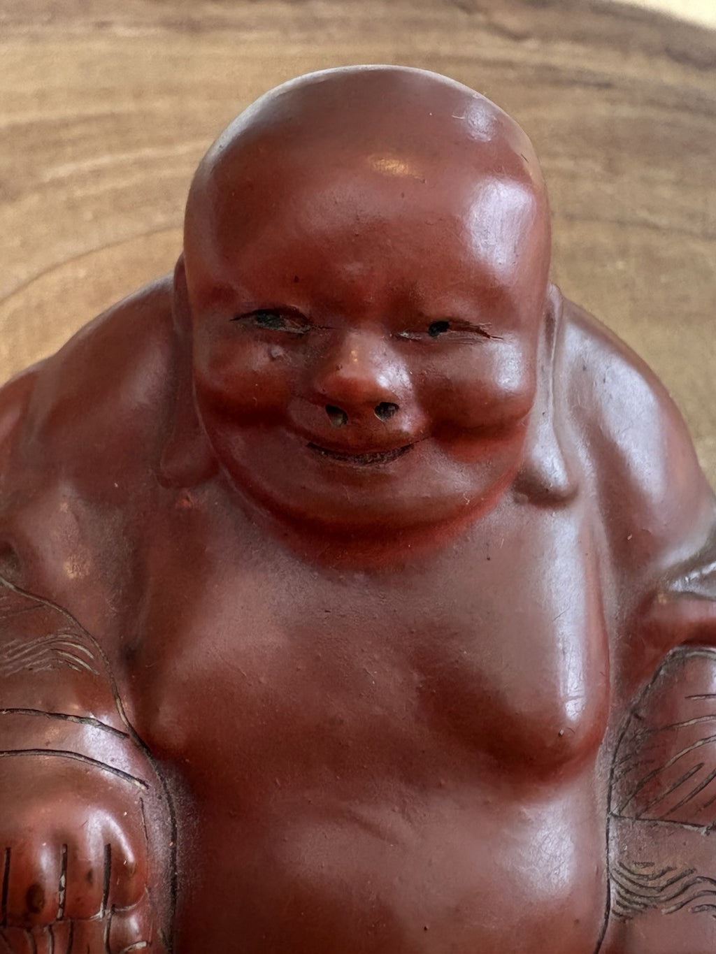 Vintage Red Laughing Buddha Figurine on Black Base – Asian