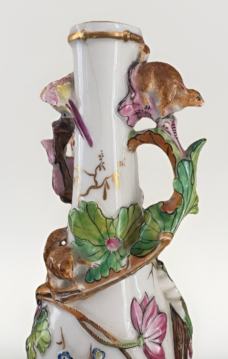 Antique Continental Porcelain Vase Figural Birds Squirrels Gilt