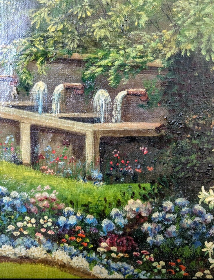 Franklin Barrett 1929 Original Oil Painting Garden Scene 42x30 Gilt Frame