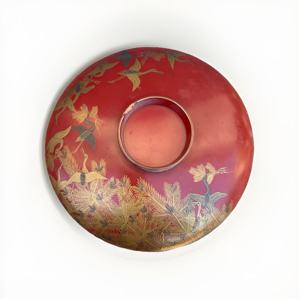 Antique Japanese Red Lacquer Plate Gold Cranes Pine Maki-e Meiji Style 8”