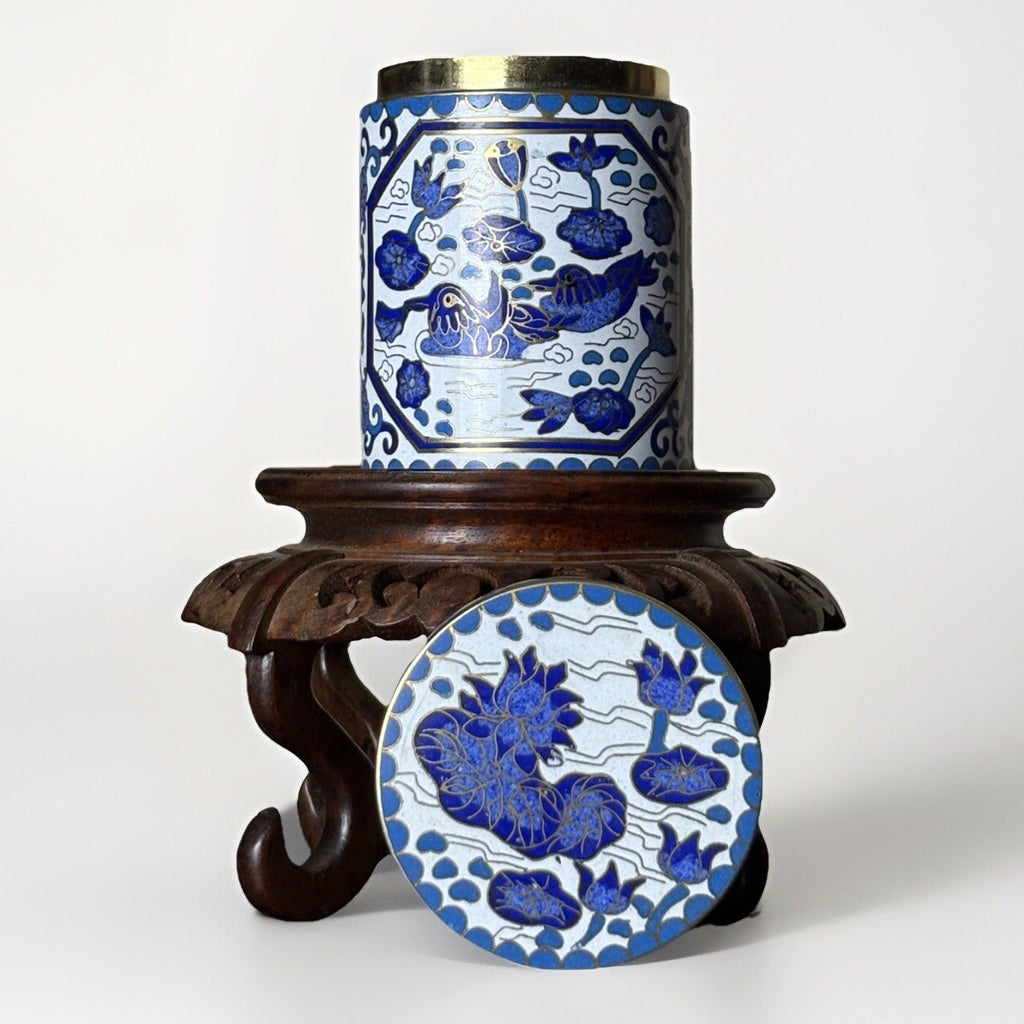 Antique Cloisonne Blue & White Birds &Flower Copper Tea Jar 4”