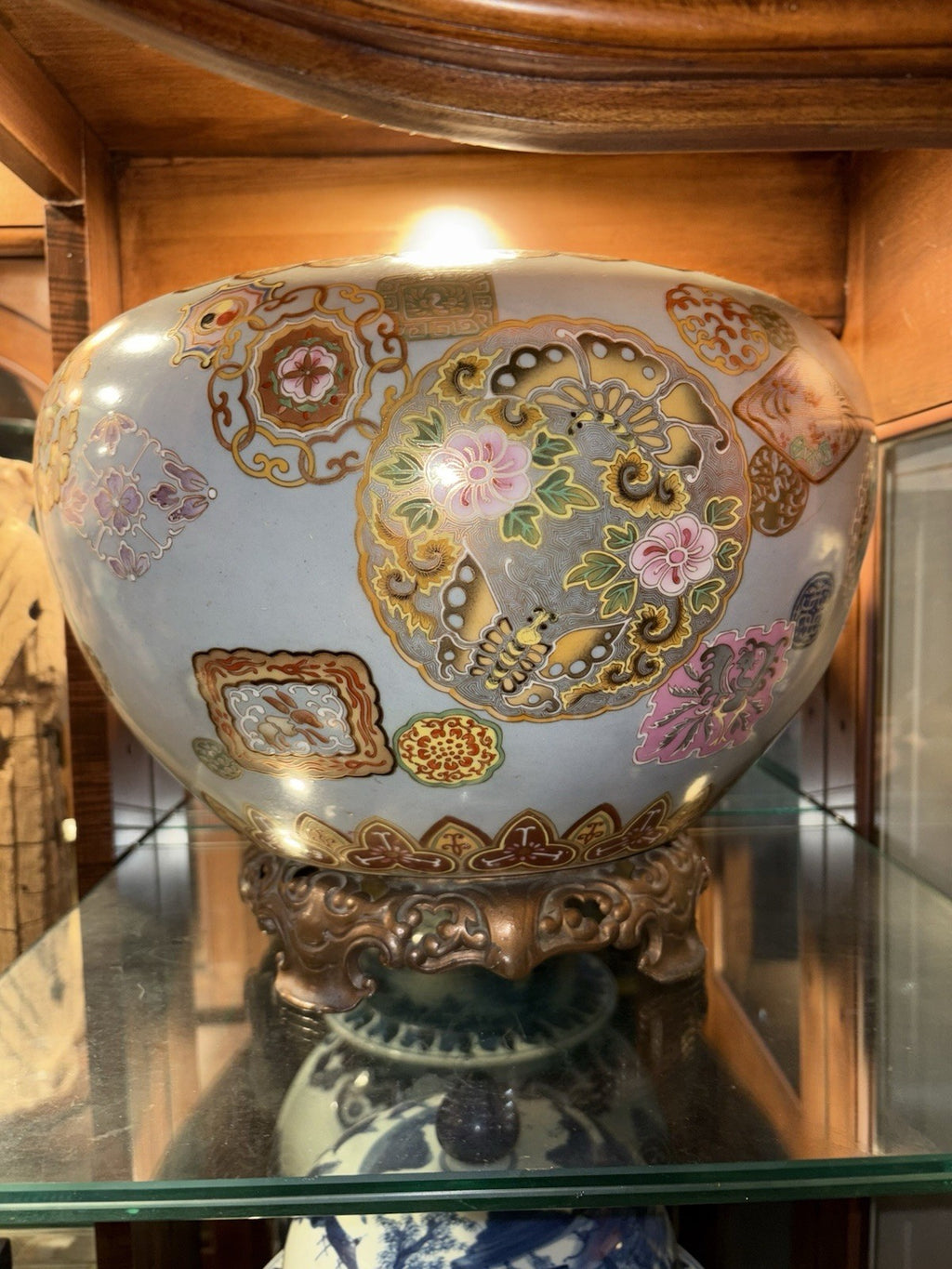 Late Meiji Japanese Blue-Ground Satsuma-Style Jardiniere, Bronze Stand