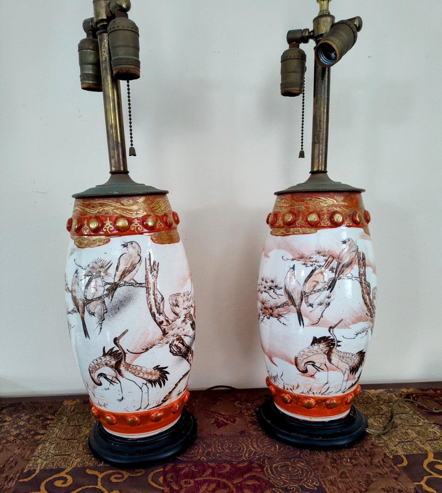 Pair Meiji Japanese Kutani Seizan Lamps, Gilt Birds & Cranes, Hand Painted