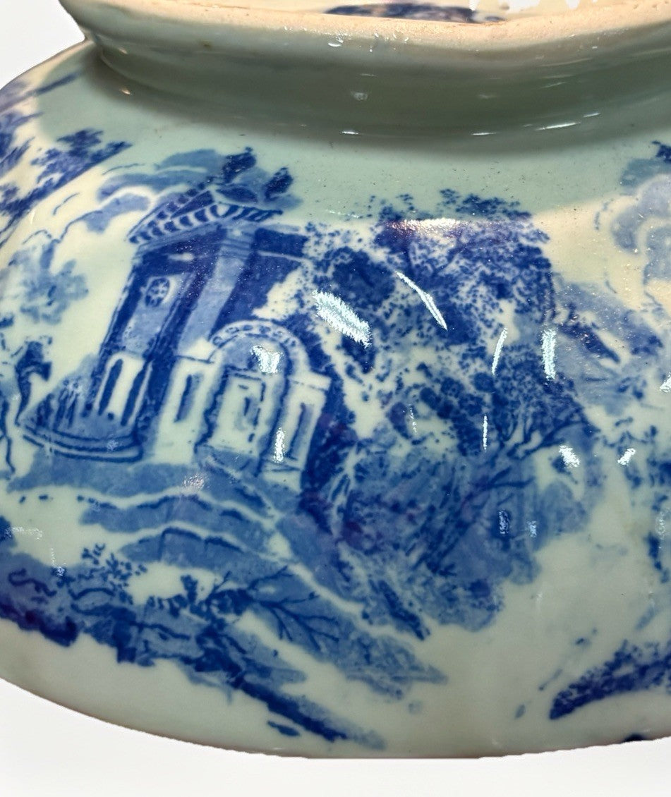 Antique Victoria Ware Ironstone Bowl Upside-Down Scene Blue Transfer c1900 Rare