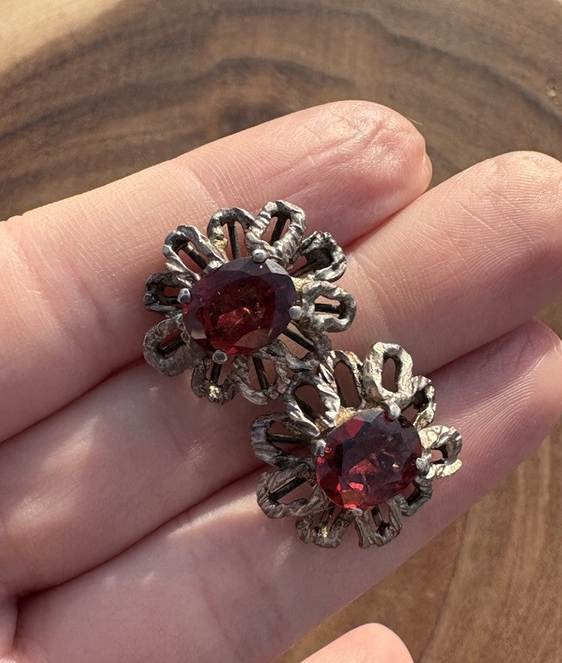 Vintage Sterling Brutalist Earrings Ruby Red Glass—Pierced Post MCM