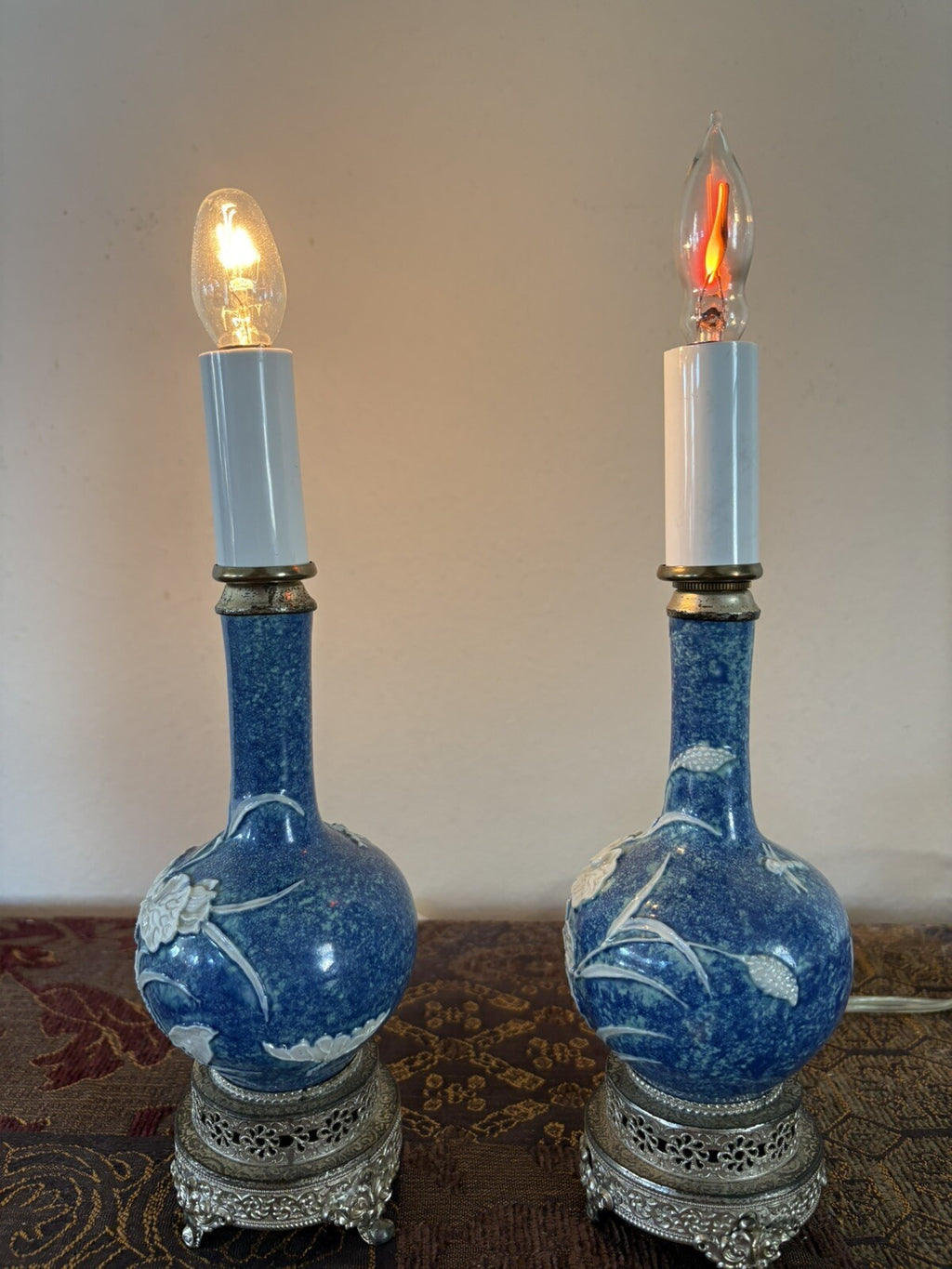 Pair Estate Blue Porcelain Relief Lamps on Ornate Silver Bases Chinoiserie Decor