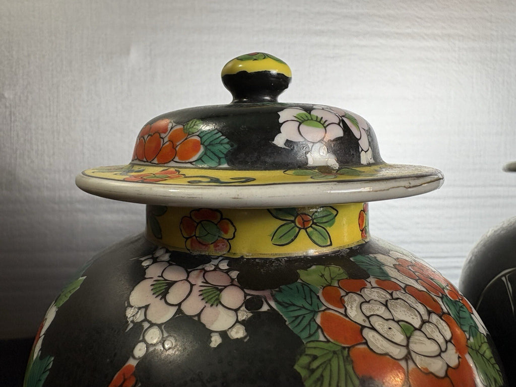 Pair Vintage Japanese Hand Painted Porcelain Peacock Famille Ginger Jar 5.5”