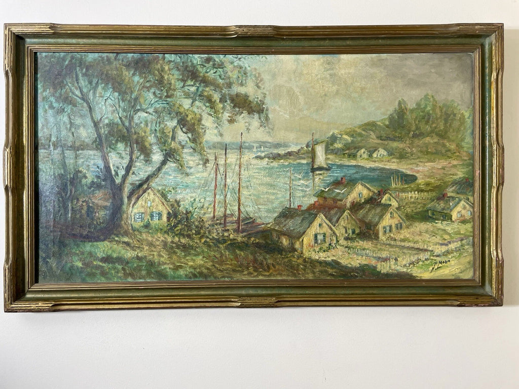 HARRY MELIN Fisherman Village With Sailboats in oil on canvas37” X 22”