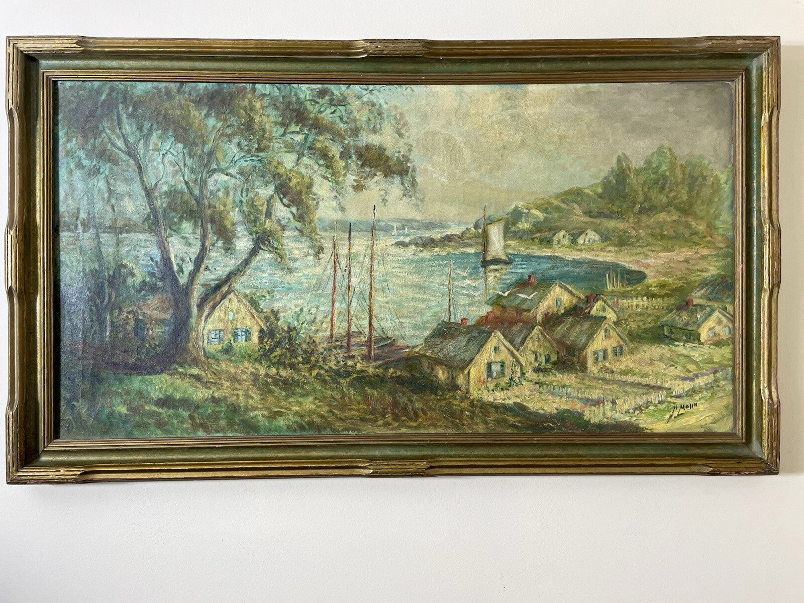 HARRY MELIN Fisherman Village With Sailboats in oil on canvas37” X 22”