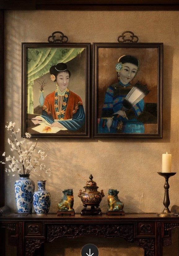 Antique Chinese Reverse Glass Paintings Pair Court Ladies Qing Framed