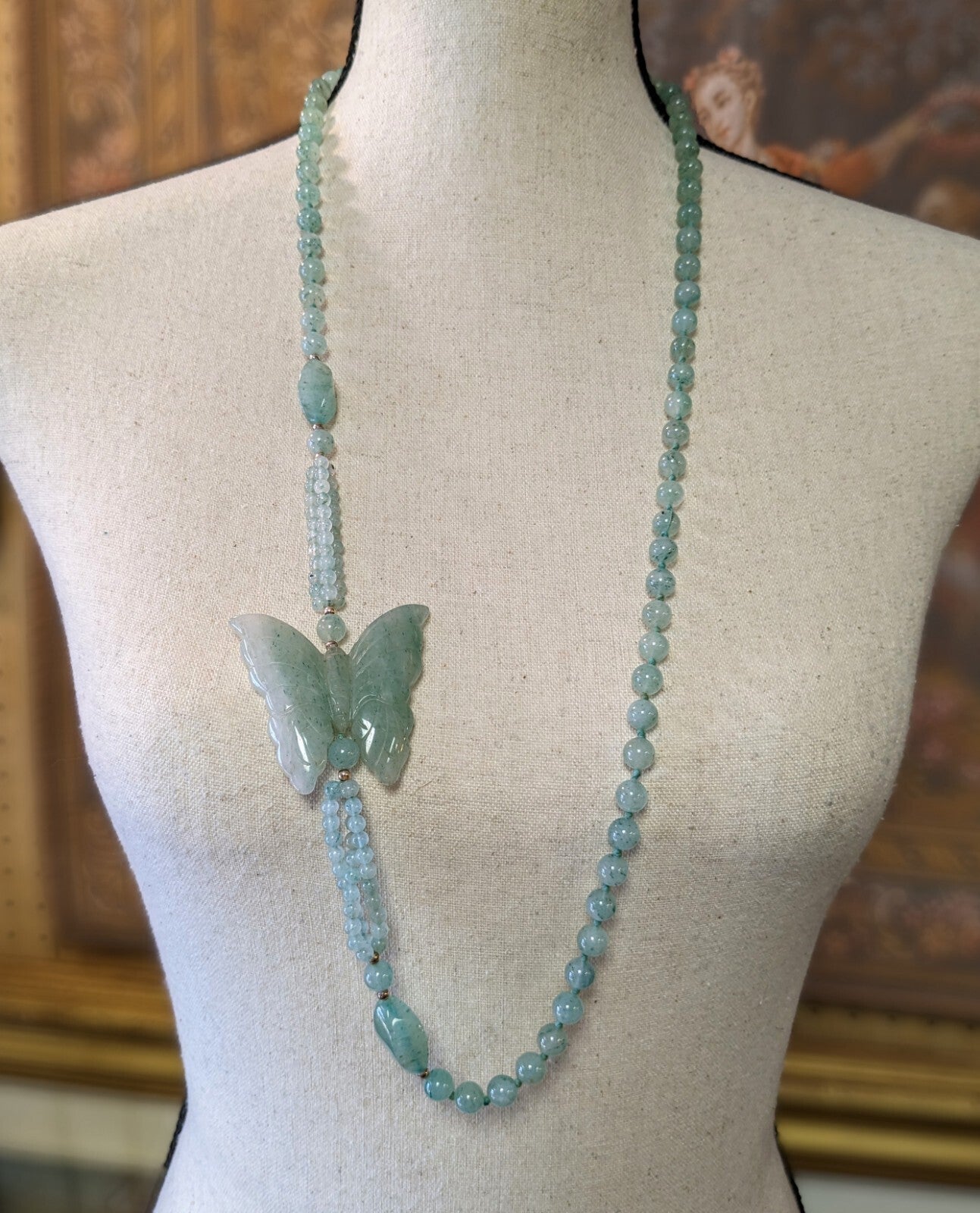 Vintage Jade Butterfly Necklace Celadon Green Beaded Asian  34”