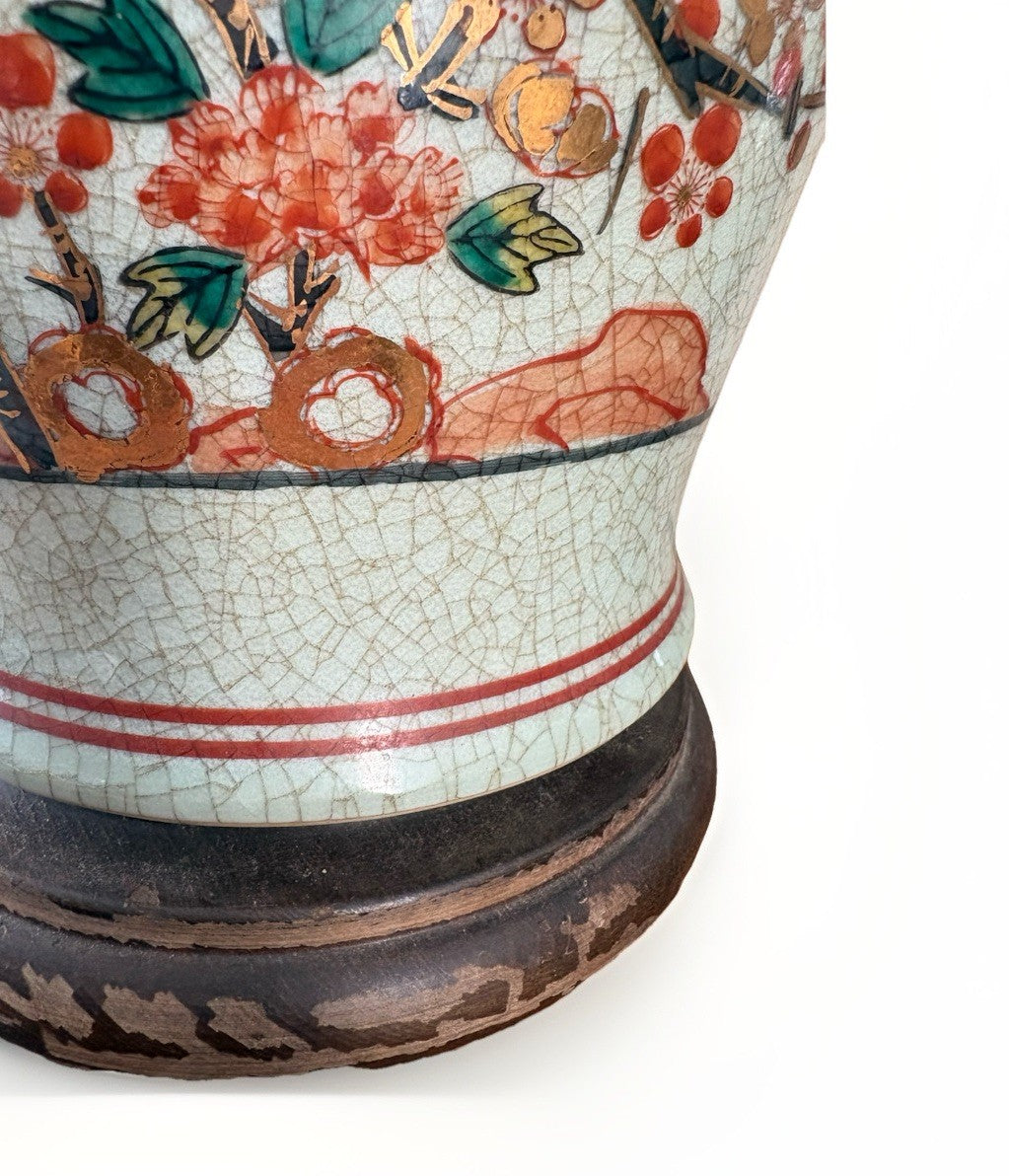 Vintage Chinese Celadon Crackle Ginger Jar Lamp Birds Blossoms Gilt