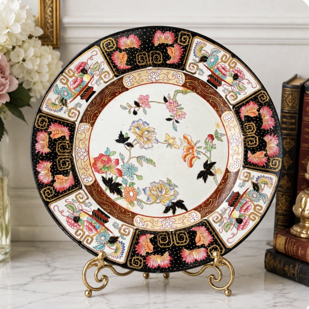Antique English Imari Ironstone Cabinet Plate c1900 Floral Charger 10”