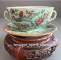 19thC Chinese Large Celedon Soup Dish & Plate With Flowers, Birds, Butterflies
