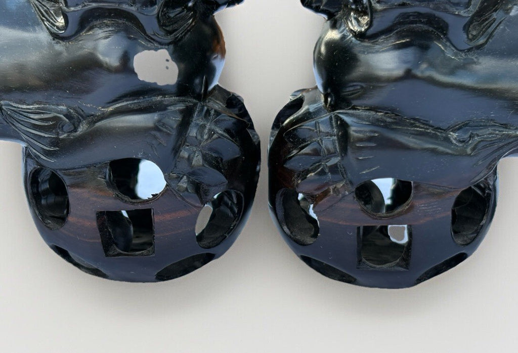 Vintage MCM Hand Wood Carved: Pair of Carved Wood Foo Dogs Pair