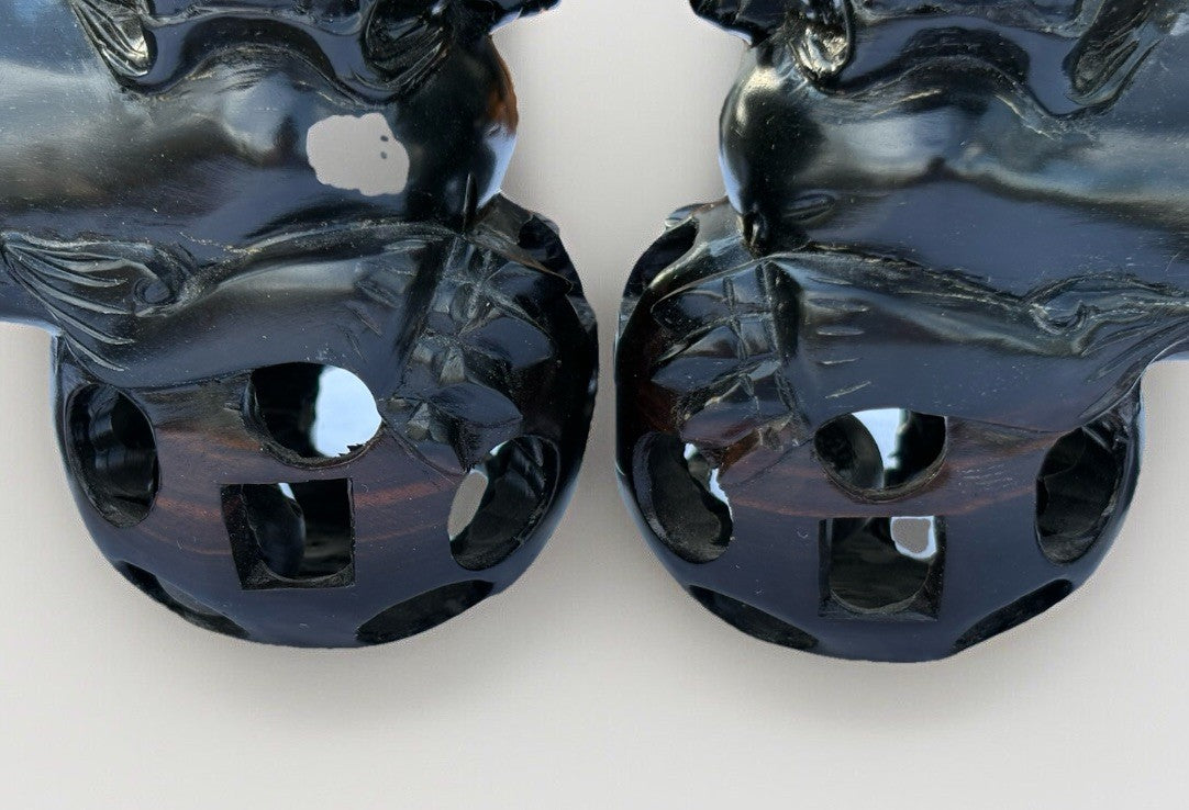 Vintage MCM Hand Wood Carved: Pair of Carved Wood Foo Dogs Pair