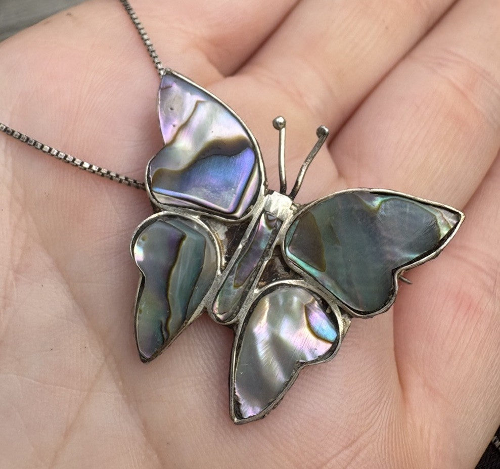 Vintage Abalone Shell Butterfly Pendant Brooch Necklace With Chain