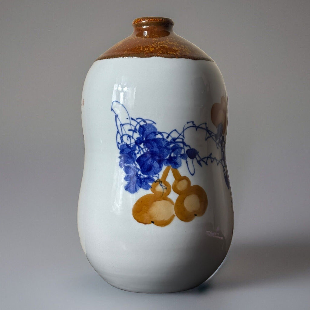 Chinese Gourd & Cricket Vase Blue Amber Enamel Calligraphy Republic Style 11.5”