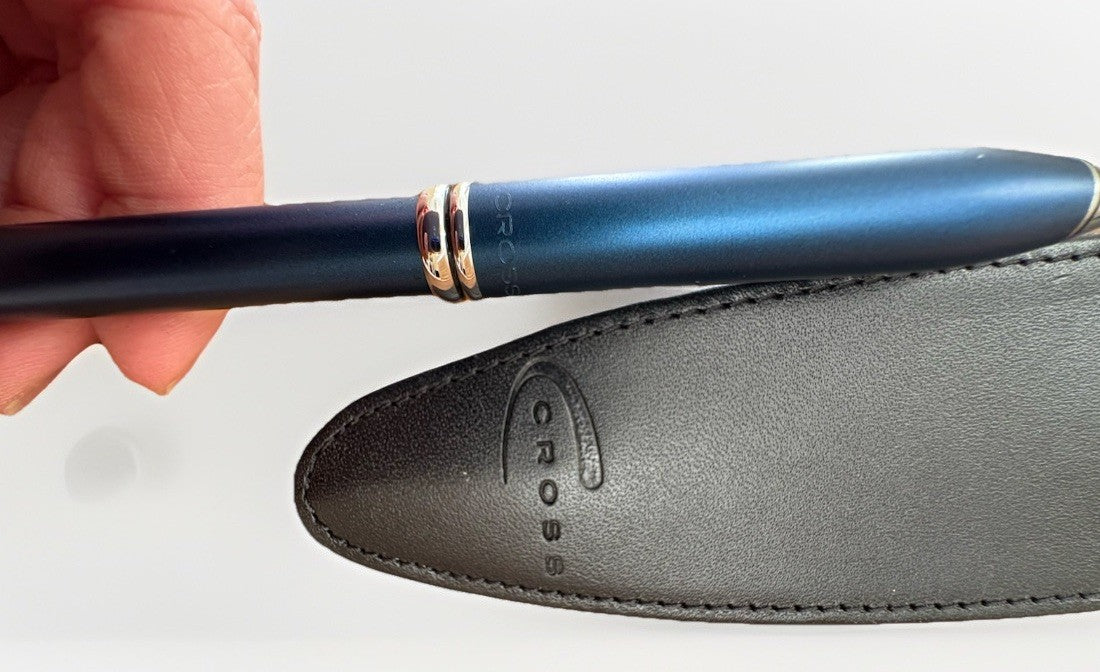 Cross Blue Satin Chrome Ballpoint Pen w/  Leather Case