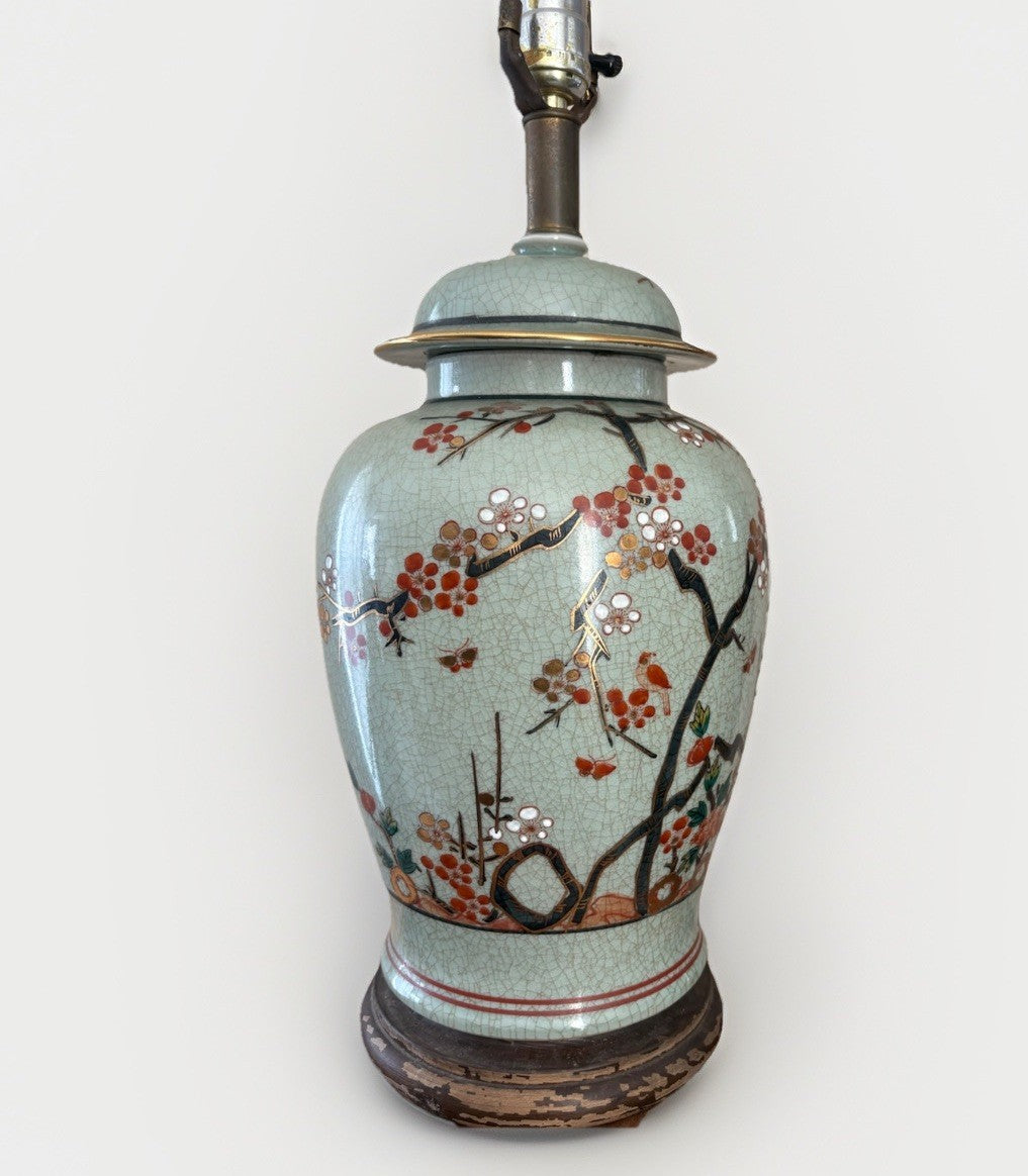 Vintage Chinese Celadon Crackle Ginger Jar Lamp Birds Blossoms Gilt