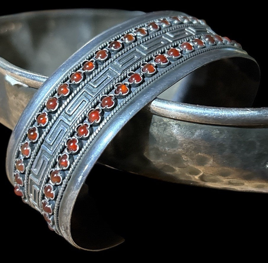 KRISSO Greece Sterling 925 Carnelian Cuff Bracelet • Greek Key • Vintage Artisan