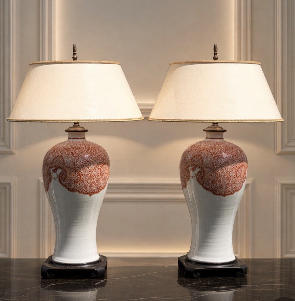 Vintage Japanese Pair Porcelain Chinoiserie Lamps, Hand-Painted Red & White