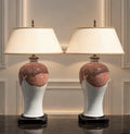Vintage Japanese Pair Porcelain Chinoiserie Lamps, Hand-Painted Red & White