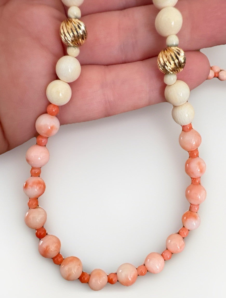 Vintage 14k Gold Angel Skin Coral Necklace 29”