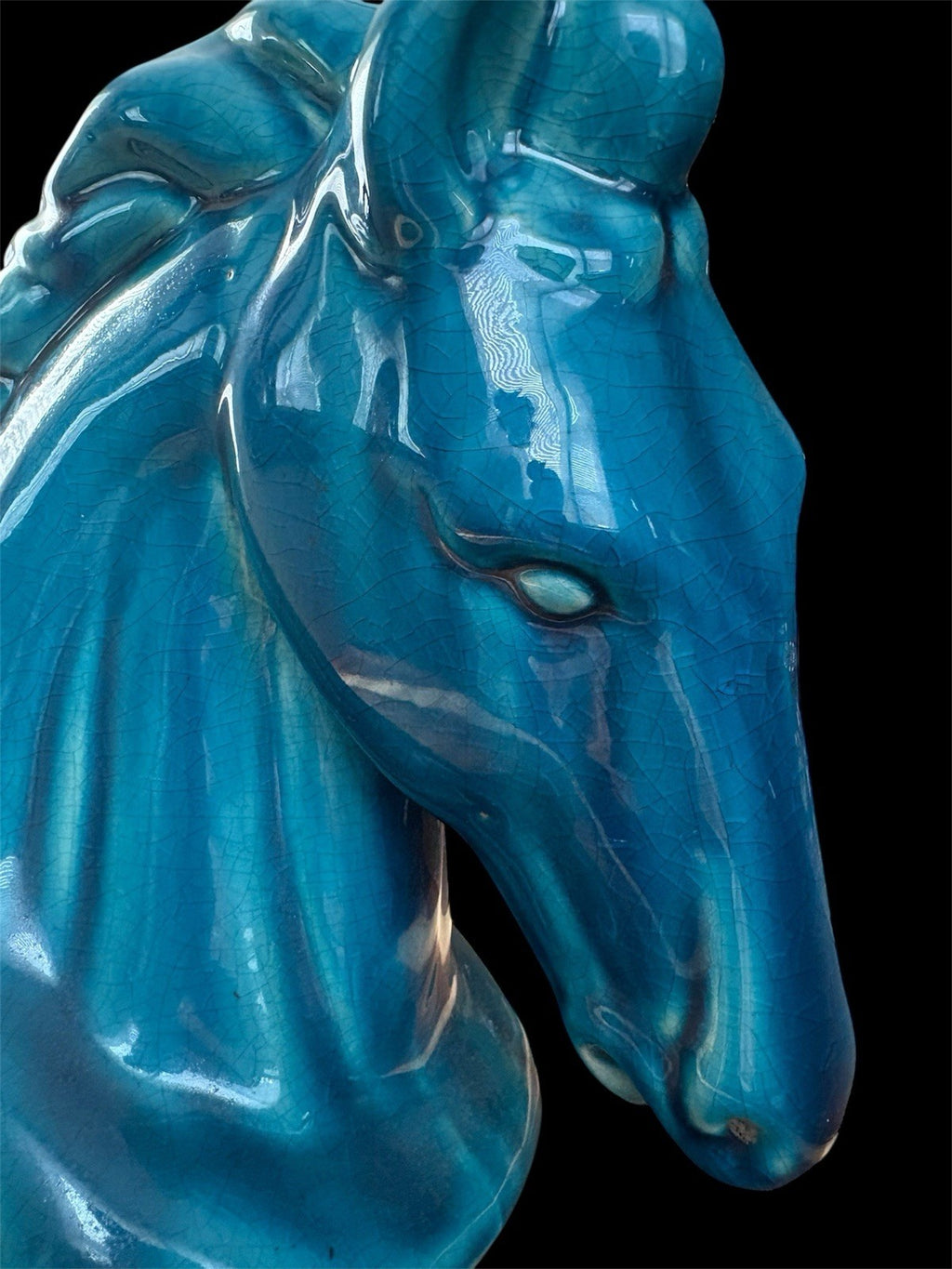 Vintage Turquoise Blue Ceramic Horse Bust Statue – Crackle Glaze Figurine